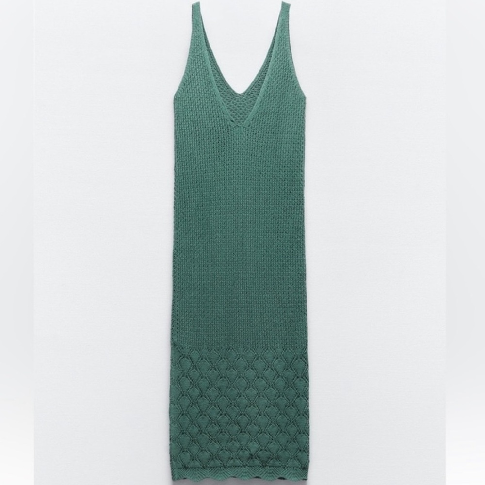 NWT ZARA Sage Green chenille Knit crochet midi dress size small